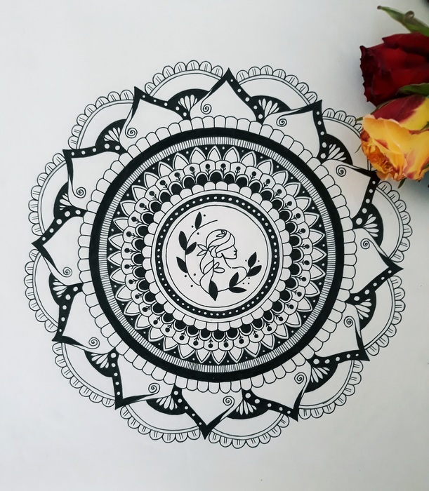 The Virgo Within / Zeinab Yasrebi / 30 × 24 cm / 2021 / Black Ink on Paper, Original Hand-Drawn Mandala with Technical Pen / $300