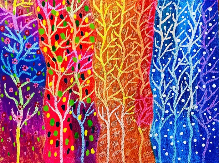 The Dance of Life in the Season / Matina Moaven Saiedi Noughabi / 30 × 40 cm / 2025 / Pastel-Gouache / Price not provided