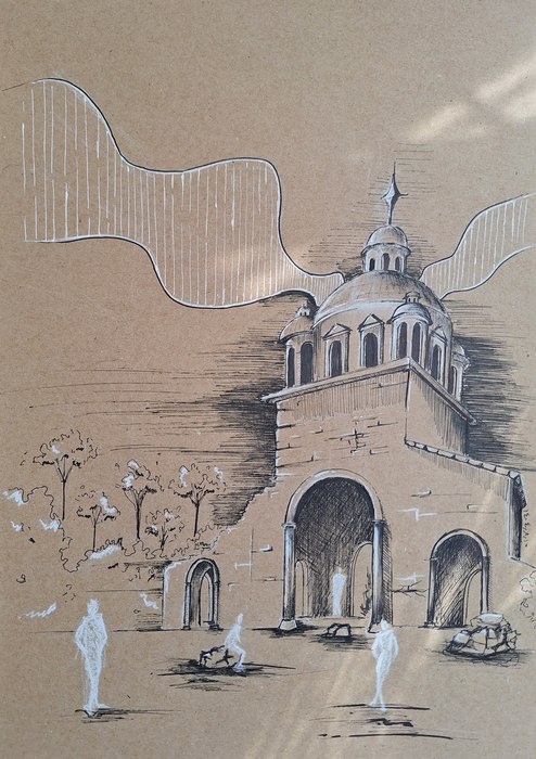 Passage through the Dome / Elaheh Najarry Lavassani / A3 / 2025 / Rapid Pen and White Chalk Pencil on Kraft Paper / Negotiable