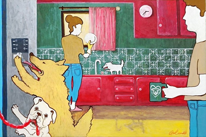 Family Life / Amir-Hosein Oruji Borujeni / 46 × 31 cm / 2026 / Gouache and Acrylic on Heavyweight Paperboard / $800