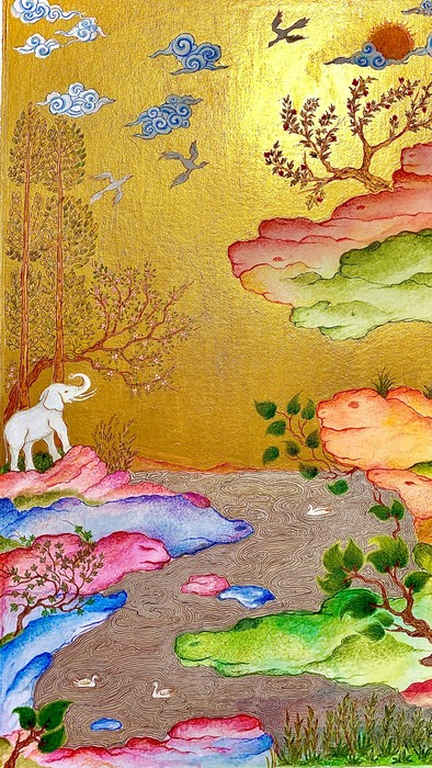 Dances with Sunrise / Elham Ghanadian / 24 × 15 cm / 2024 / Gouache and Watercolor on Cardboard, Hyper Artist Colors Medium / $330
