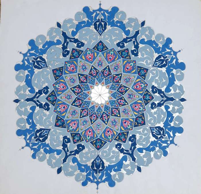 A Rendering of the Ceiling Under the Dome (The Art of Gilding – Shamsa) / Sara Nazari Ghanbari / 60 × 56 cm / 2010 / Gouache on Cardboard and Collage of Gemstones and Mirrors / $1,200