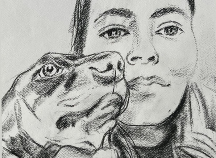 Girl and Dog / Rashid Khomarlou / 40 × 50 cm /  2025 / Charcoal / Price upon request