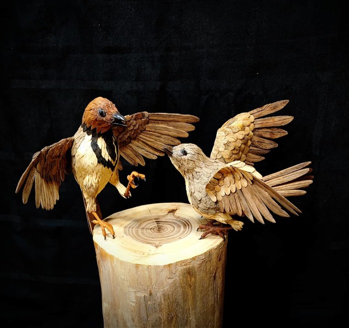 The Flight of Stillness / Zohre Varmazyar /  62 × 40 × 57 cm / 2024 / Marquetry & Fine Wood Carving (Relief) / $794
