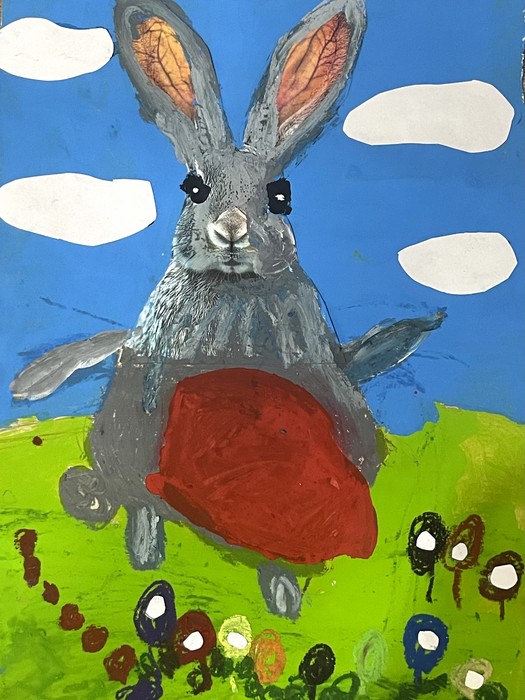 The Rabbit with a Big Heart / Noursan Naderi / 35 × 25 cm / 2026–2027 / Mixed Media Collage on Paper / $350