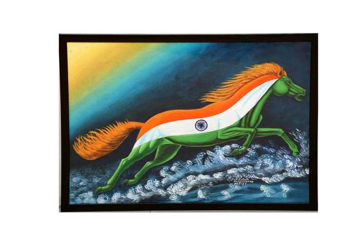 Running Flag Horse Painting ,Acrylic -Color on canvas Of Running Horse On Paper Sheet , Indian Flag On Horse , Gift For Father