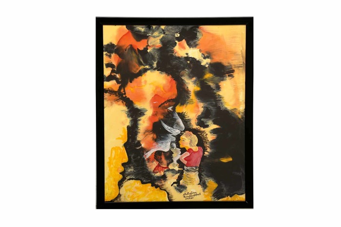 A painting of enamel color on paper showing evil eyes.
