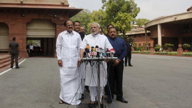 Indian Prime Minister Modi speaks to the media on the opening day of the monsoon session of the Indian parliament in New Delhi