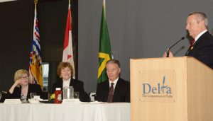 Carla Qualtrough, MP Delta, Minister for Sport & Persons With Disabilities; Mayor Lois Jackson, George Harvie, Chief Administrative Officer for Delta; Peter Fassbender, MLA for Surrey-Fleetwood, Minister for TransLink representing Transportation Minister Todd Stone.