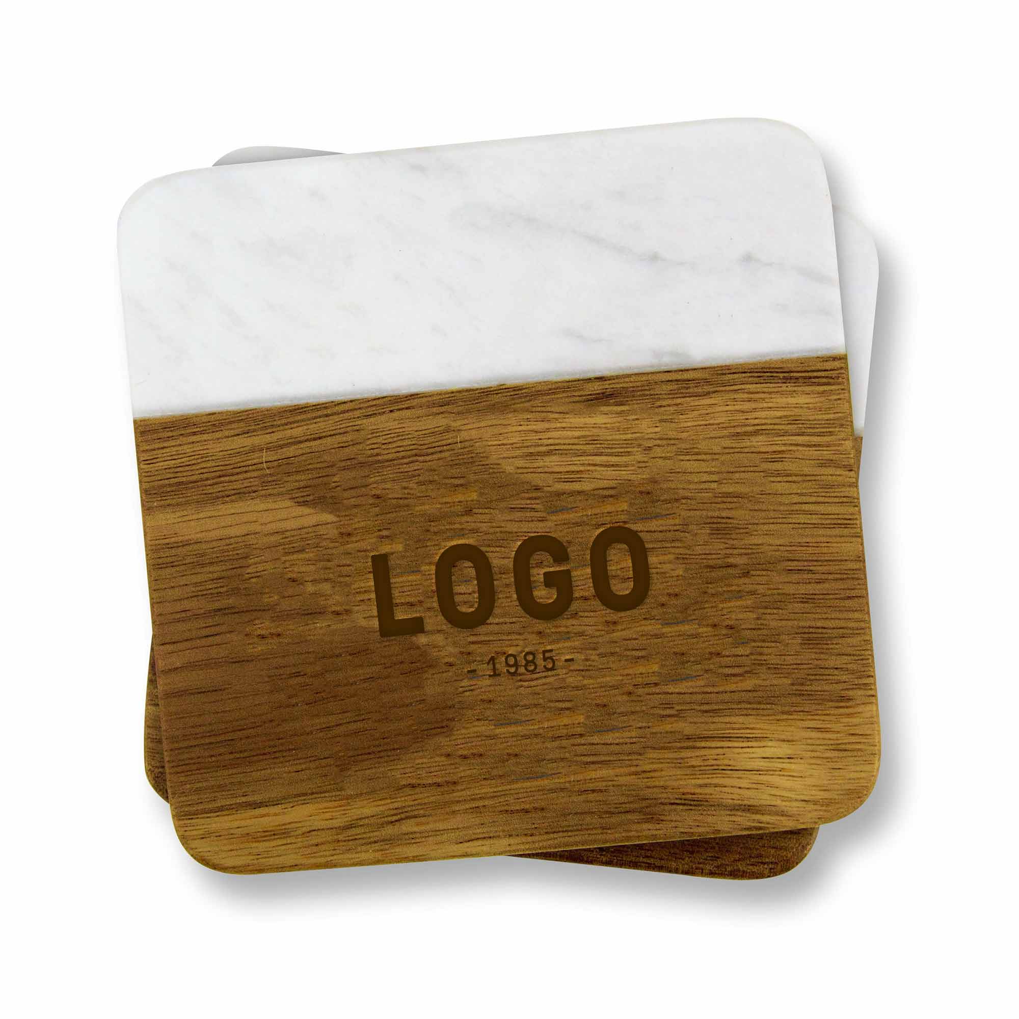 130172 acacia and marble coaster set choice of laser engraving on wood or one color logo on marble