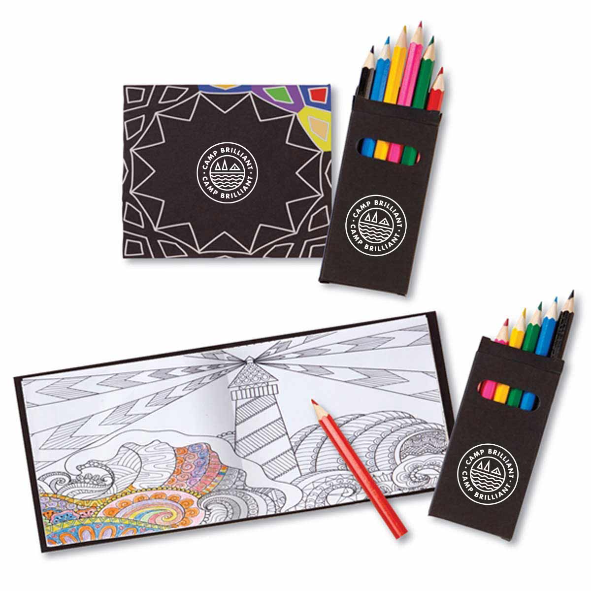 229572 midnight adult coloring set one color imprint on book cover and pencil case same size logo on both