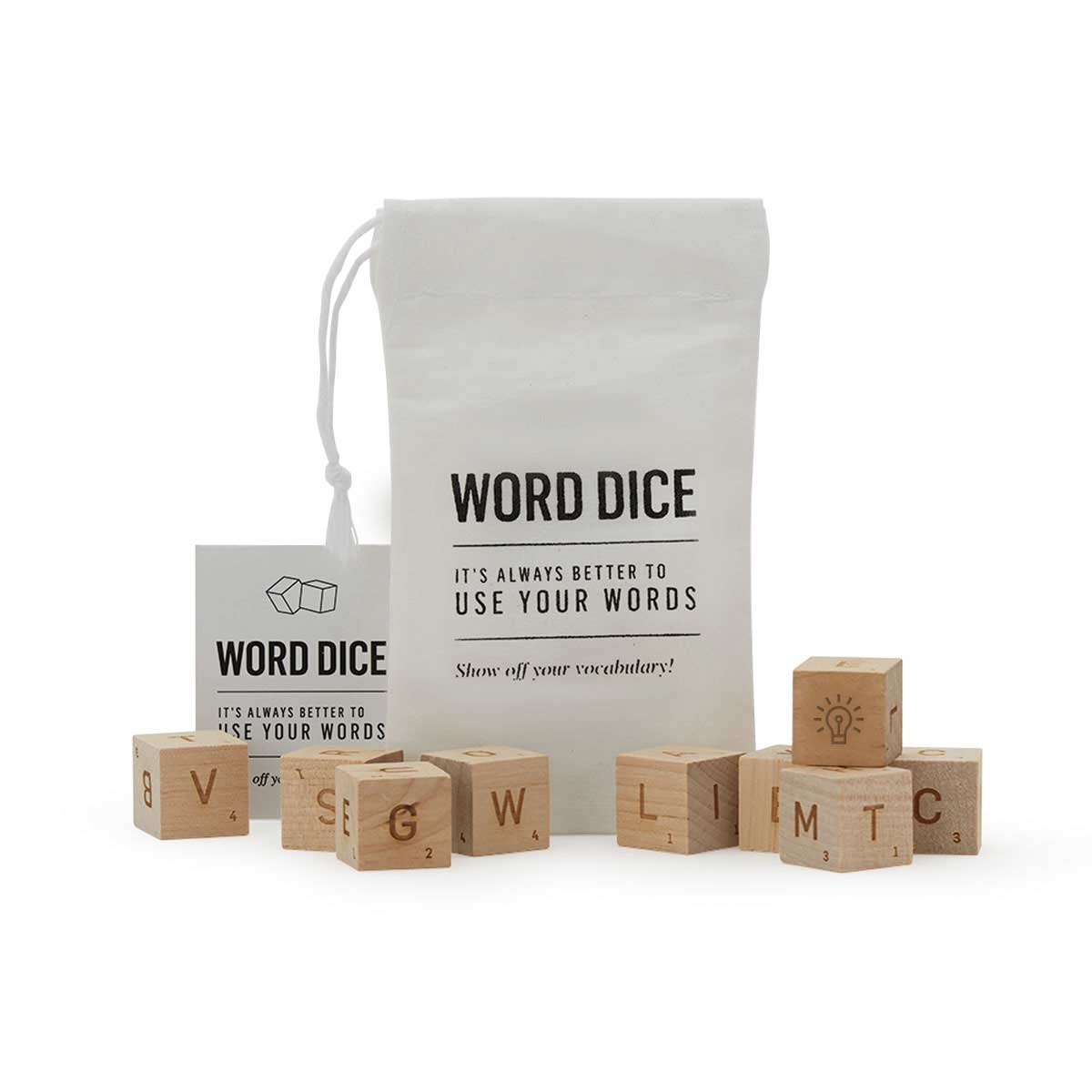 268387 word dice game laser etched on wood block one color imprint on back of bag