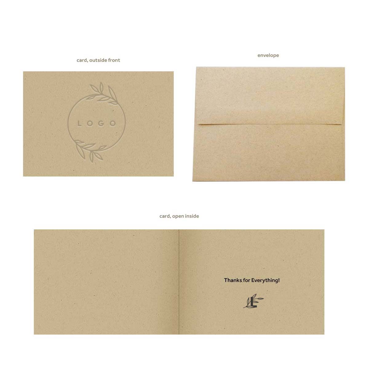 289310 kraft thank you card one location emboss front one color screen inside card blank envelope