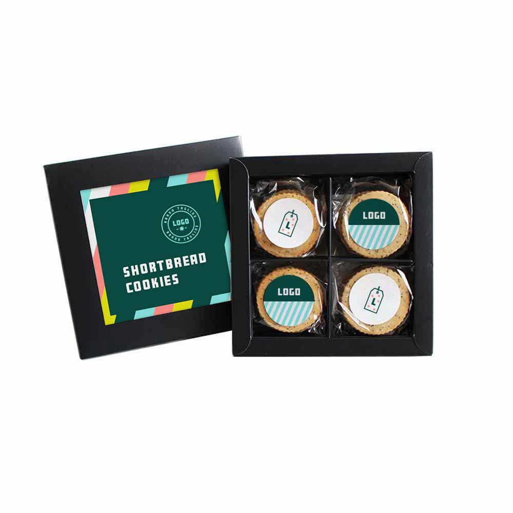 361687 gourmet shortbread cookie set full color label on box and each cookie stack choice of two flavors