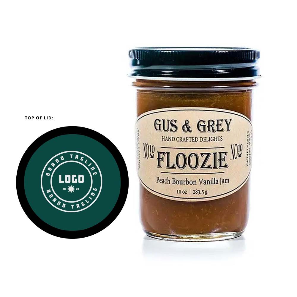 361684 peach bourbon jam full color sticker on top of jar