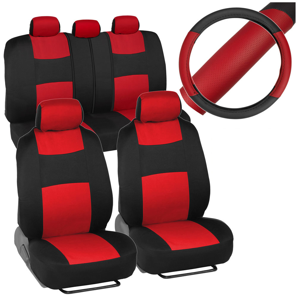 Black Red Car Seat Covers For Auto W 2 Tone PU Leather Steering Wheel Cover