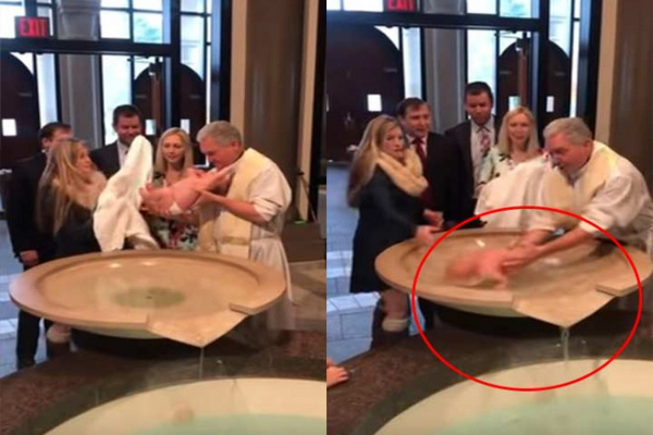 Resultado de imagen para bebé se resbala de las manos del sacerdote durante bautizo