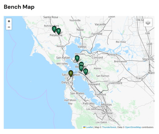 bench map with markers in East Bay (from Richmond to east Oakland), San Francisco, and way up north: Petaluma