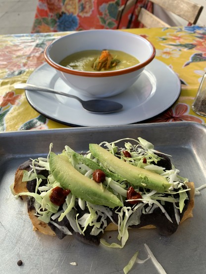 a soup bowl with slivered vegetables in a creamy yellow broth, and two cylindrical crispy tacos in a metal pan topped with bean paste, cabbage, avocado slices and dollops of red hot sauce