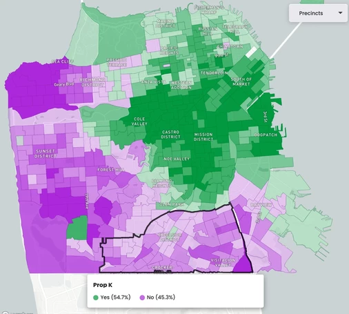 Map of Prop K vote share by precinct across San Francisco, with an outline around an area of the city's interior along its southern border, containing the Oceanview, Outer Mission, Excelsior, Portola, and Visitacion Valley neighborhoods. All but one precinct in that area majority opposed K, and it includes about one-quarter of all the areas that opposed K.