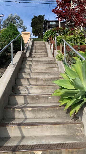 A tall outdoor staircase runs alongside gardens up a steep hill. There's a house at the top, indicating this is in a residential neighborhood. The steps are concrete edged with strips of metal, and metal handrails run along the sides.