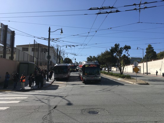 A smallish crowd is on the sidewalk of a highway with a tree-planted median, and in the street are two Muni buses with Muni's red and gray livery, their headsigns reading, "BRT, Van Ness Bus Rapid Transit."