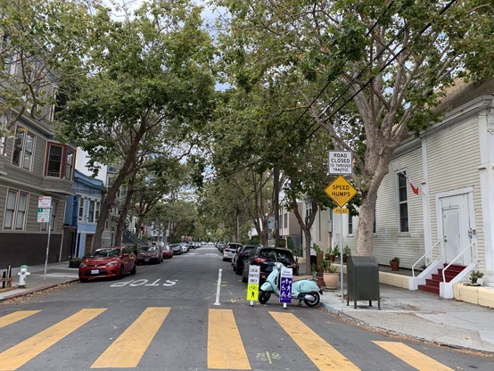 Tree-lined residential street with a row of three posts at the entrance, extending from the right side about 1/3 across the roadway. From left to right, a flex post, a "local traffic only" sign with pedestrian and bicycle icons against a bright yellow background, and a "Slow Streets" sign with icons for various types of pedestrians and nonmotorized wheeled implements. On the sidewalk, above a diamond sign warning of speed humps ahead, a square sign with a white background says "road closed to t…