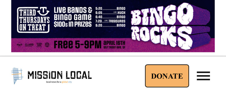 Advertising for “Third Thursdays on Treat” with live bands and bingo games at the top of Mission Local’s website.