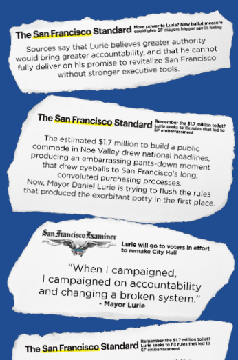 Screenshot of a bunch of newspaper quotes promoting Lurie's ballot measures. 3 of the 4 are from the San Francisco Standard