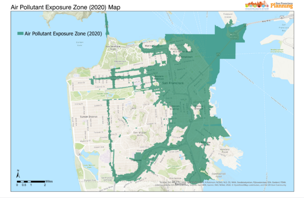 Air Pollutant Exposure Zone (2020) Map. It is San Francisco with a dark cyan blob of polluted areas covering SoMa, Chinatown, the Tenderloin, Western Addition, Mission Bay, most of the Mission, and other areas adjacent to freeways and main roads.