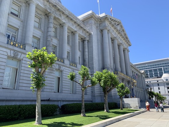 some kind of little stubby trees from Europe or some shit are in front of SF city hall surrounded by a manicured lawn