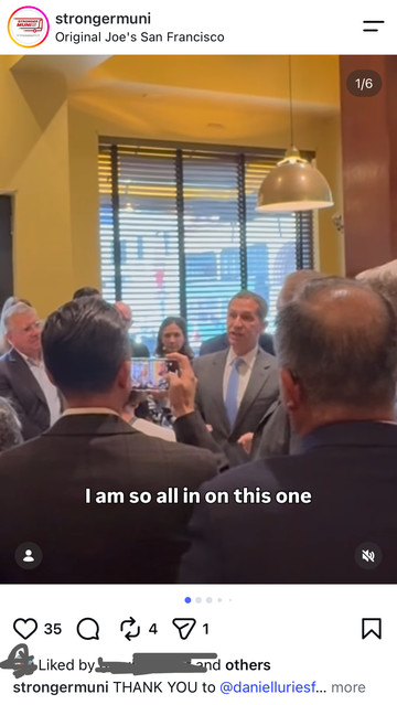 Screenshot of a post on Instagram by the strongermuni account blowing smoke up Daniel Lurie’s butt while he tells an audience, “I am so all in on this one.” It’s geotagged as being at Original Joe’s Ice Cream, whose owner hates bus lanes.