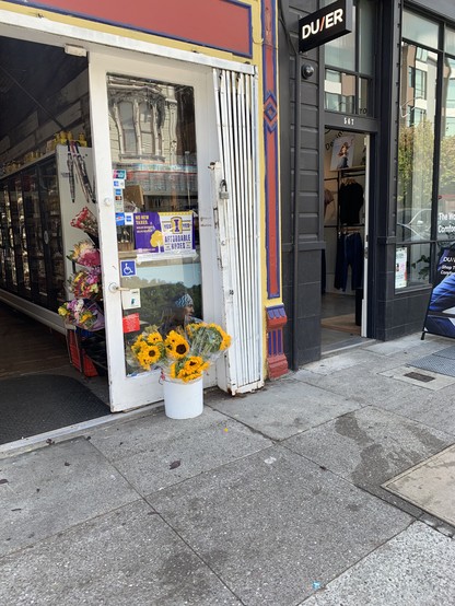 A shop window with a “Yes on I, Affordable Homes” sign, and sunflowers in a bucket on the sidewalk