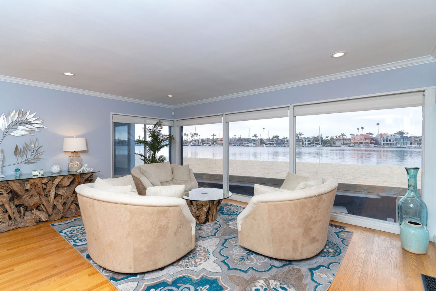 The living room at Bay Shore, looking out over Alamitos Bay