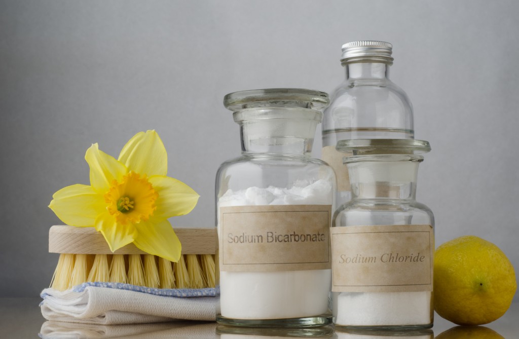 Still life of natural cleaning choices. Sodium bicarbonate and salt in apothecary jars, white vinegar behind them and a lemon to the right. A folded cloth and wooden brush on the left are topped with a daffodil to signify Spring cleaning.