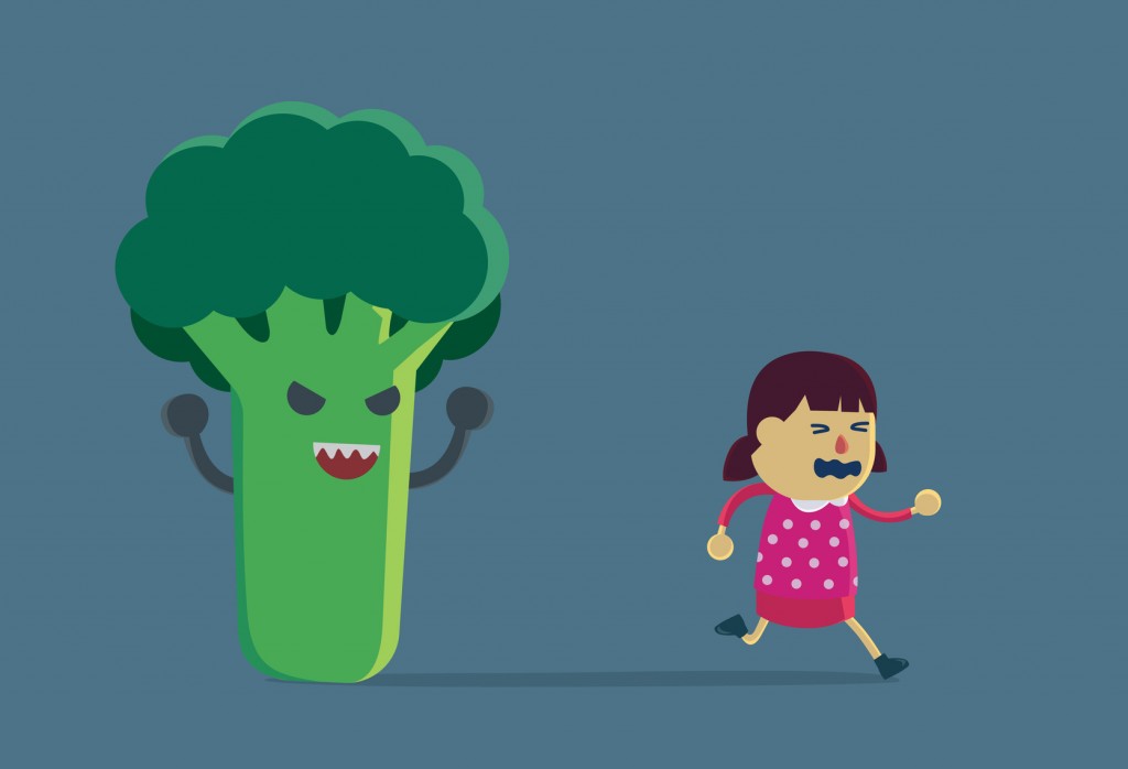 Little girl, cries and runs away from a vegetable monster