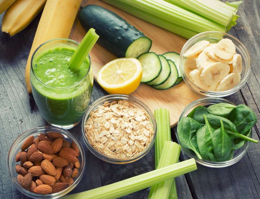 Green fresh healthy smoothie with fruits and vegetables