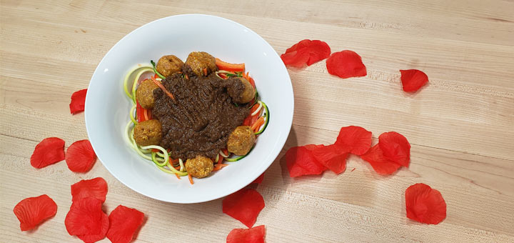 Raw Pasta And Tomato Sauce With Spicy “Meatballs”