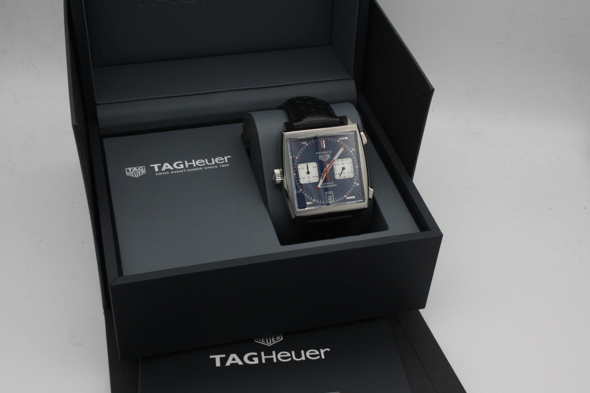 Heuer Monaco Calibre 12 Blue Dial Chronograph 39MM Box Caw211a Monacowatch
