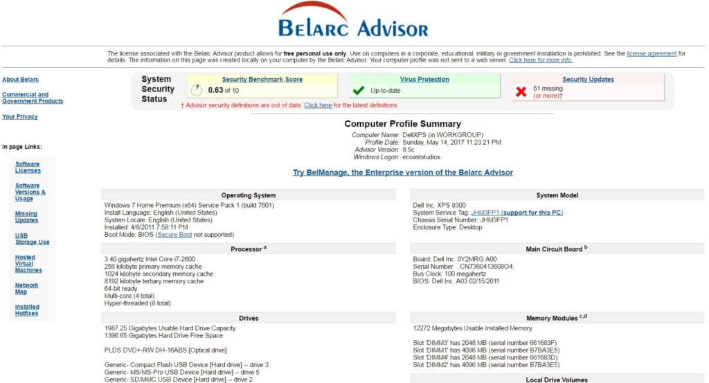 System profile generated by Belarc Advisor screen capture Belarc Advisor