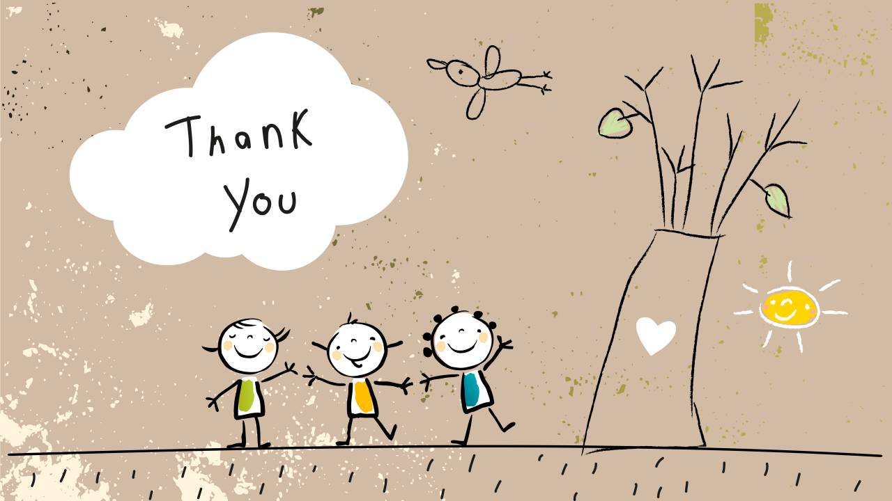 Thank you drawing by a child with a bird and sun and plants and happy children representing a thank you for the annual toy drive in Contra Costa County..