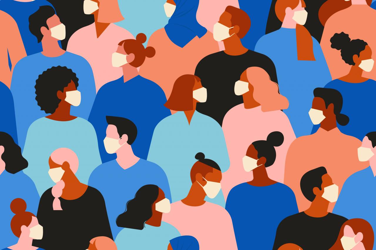 Artist illustration of diverse people wearing masks to prevent the spread of disease in Contra Costa County.