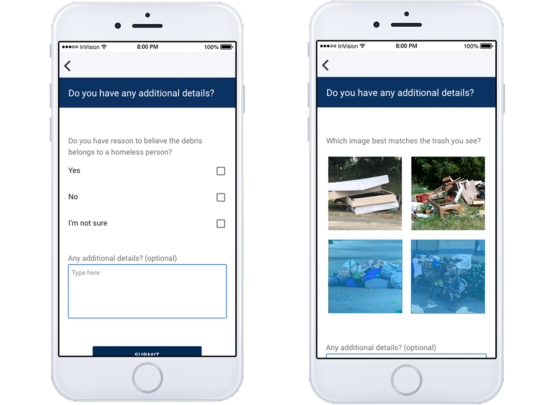 <p>Works in progress: Version 1, text-based question (left), Version 2, image-based question (right).</p>