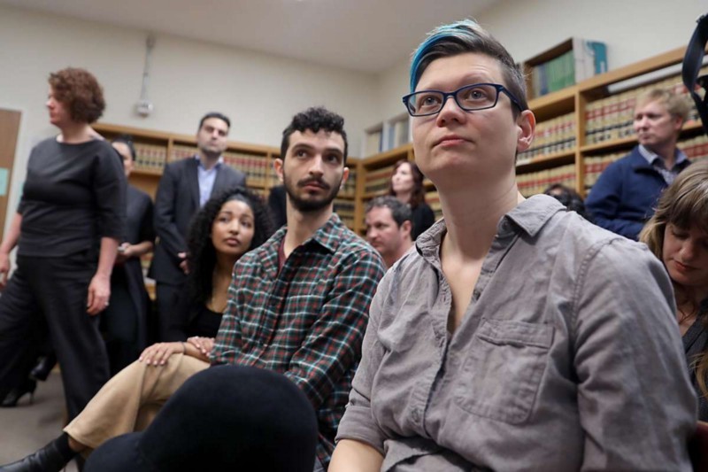 <p>Members of the Clear My Record engineering team watch DA Gascón and Jennifer Pahlka’s announcement</p>