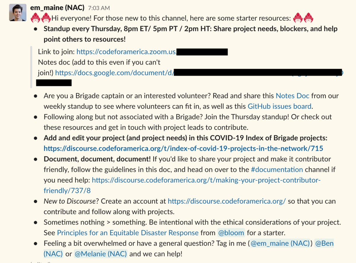 Screenshot of a pinned Slack message outlining channel norms and resources