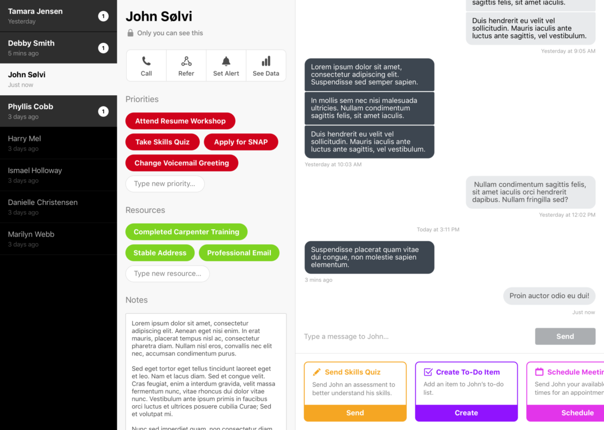 A screen showing tabs for different clients and opportunities to take notes and communicate with them