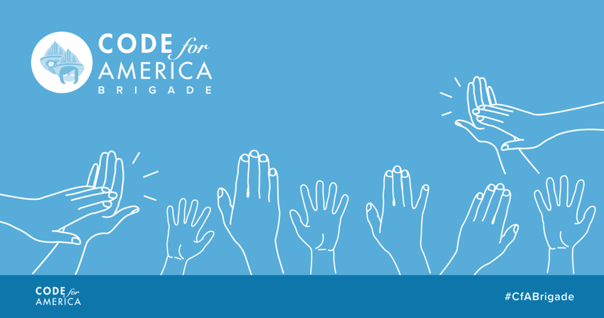 Illustration of raised and clapping hands with the Code for America Brigade logo