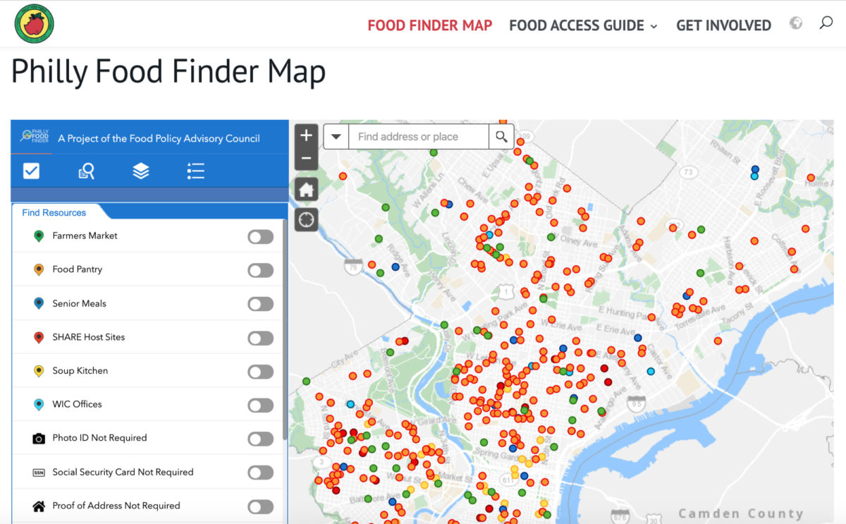 Philly Food Finder's map tool showing different places to get food