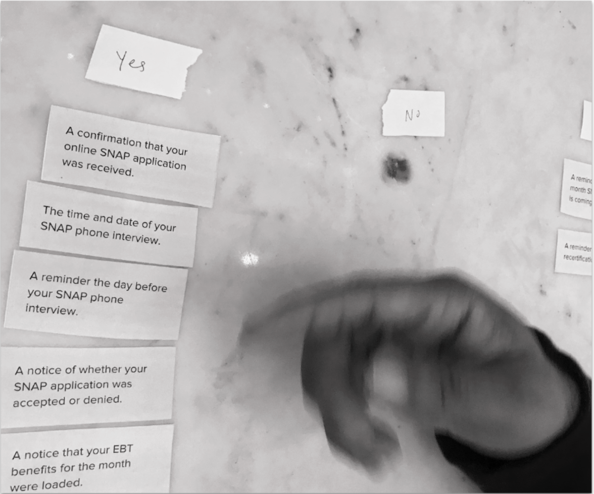 Client's hand over a card sorting exercise