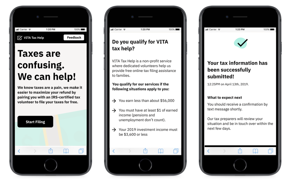Screenshots guiding a user through VITATaxHelp.org on mobile.